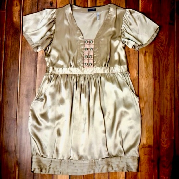 Couture 100% Silk Bronze V-Neck Flutter Sleeve Ballon Pleated Mini Dress Medium